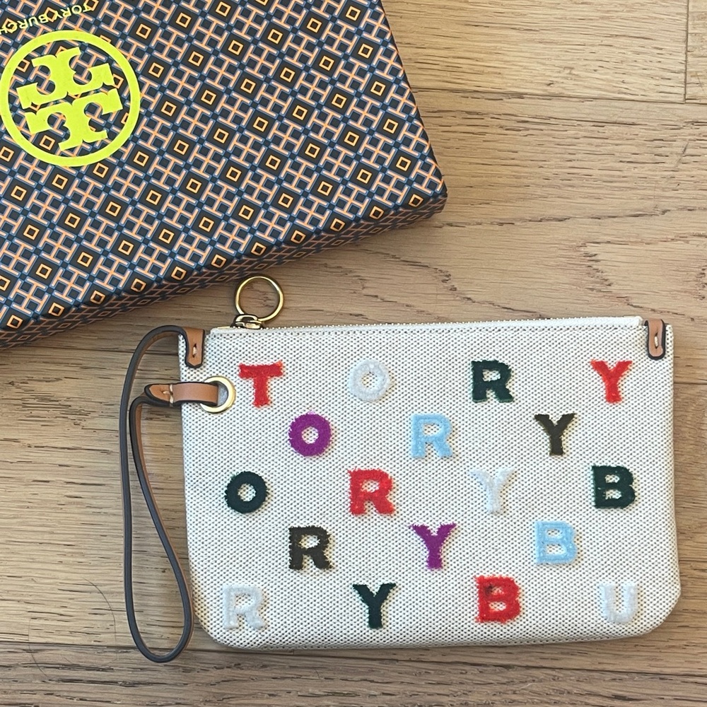 Tory Burch Canvas Wristlet Multicolor Logo Lettering Zip Pouch Clutch